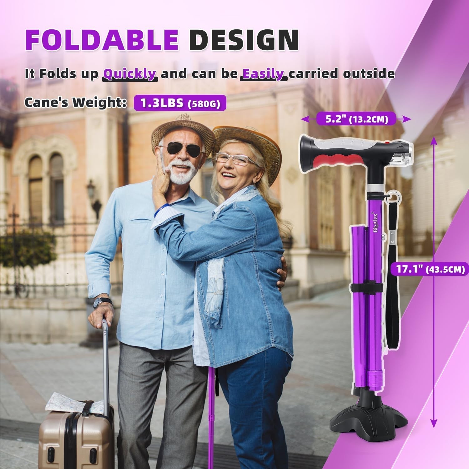 Adjustable Folding Walking Cane with 2 LED Lights Rubber Base Purple