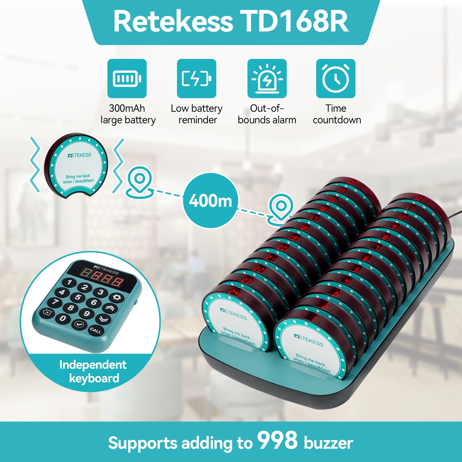 Retekess TD168R Restaurant Pager Calling System 24 Buzzer Food Truck Clinic Bar