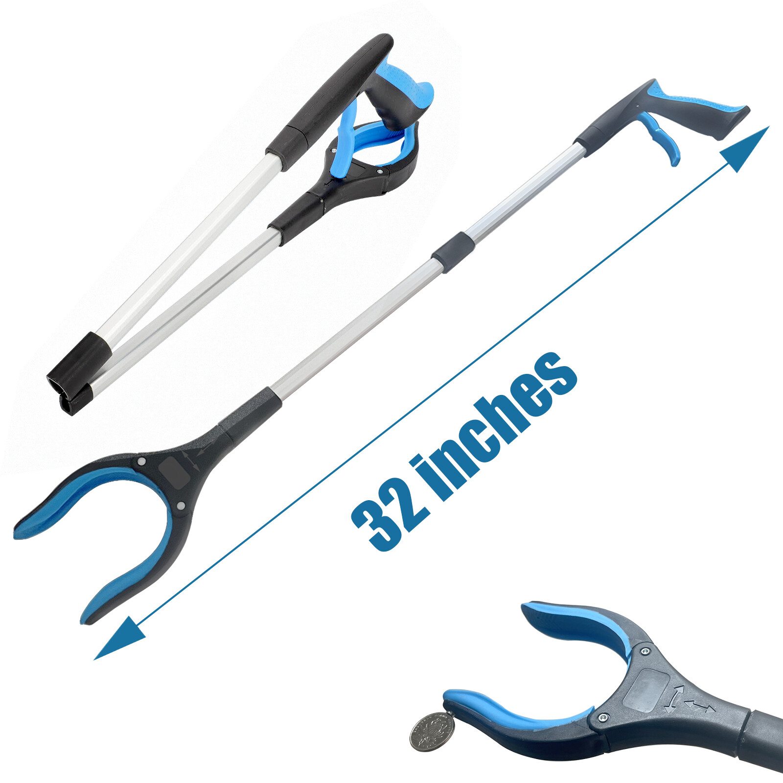 32 " Bule Foldable Grabber Reacher Tool for the elderly, cleaners.