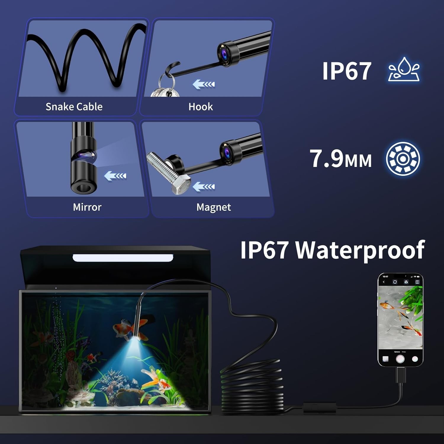 16.4ft Semi-Rigid Endoscope Camera with 8 Adjustable LEDs and High Definition