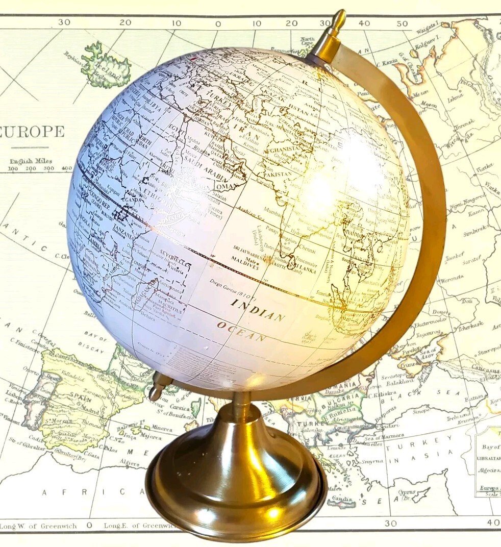 World Globe White & Gold Medium Size Gold Tone Base  *Read Damage