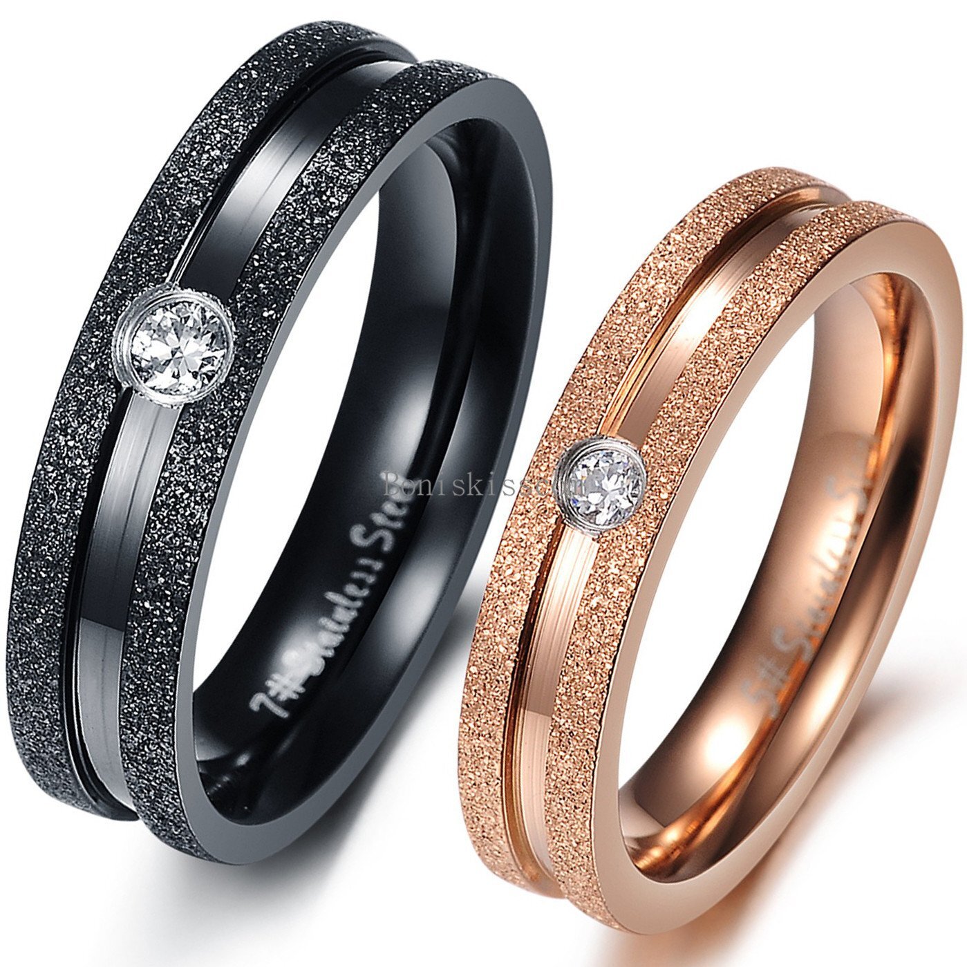 Dull Frosted Mens Black Ladies Gold Stainless Steel Couples Engagement Ring