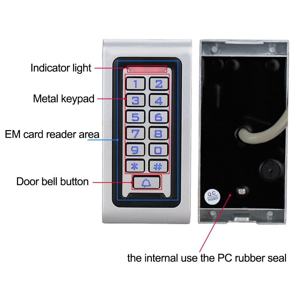 IP68 Waterproof RFID Access Control Keypad, Metal, WG26, 2000 Users, 10 Keyfobs