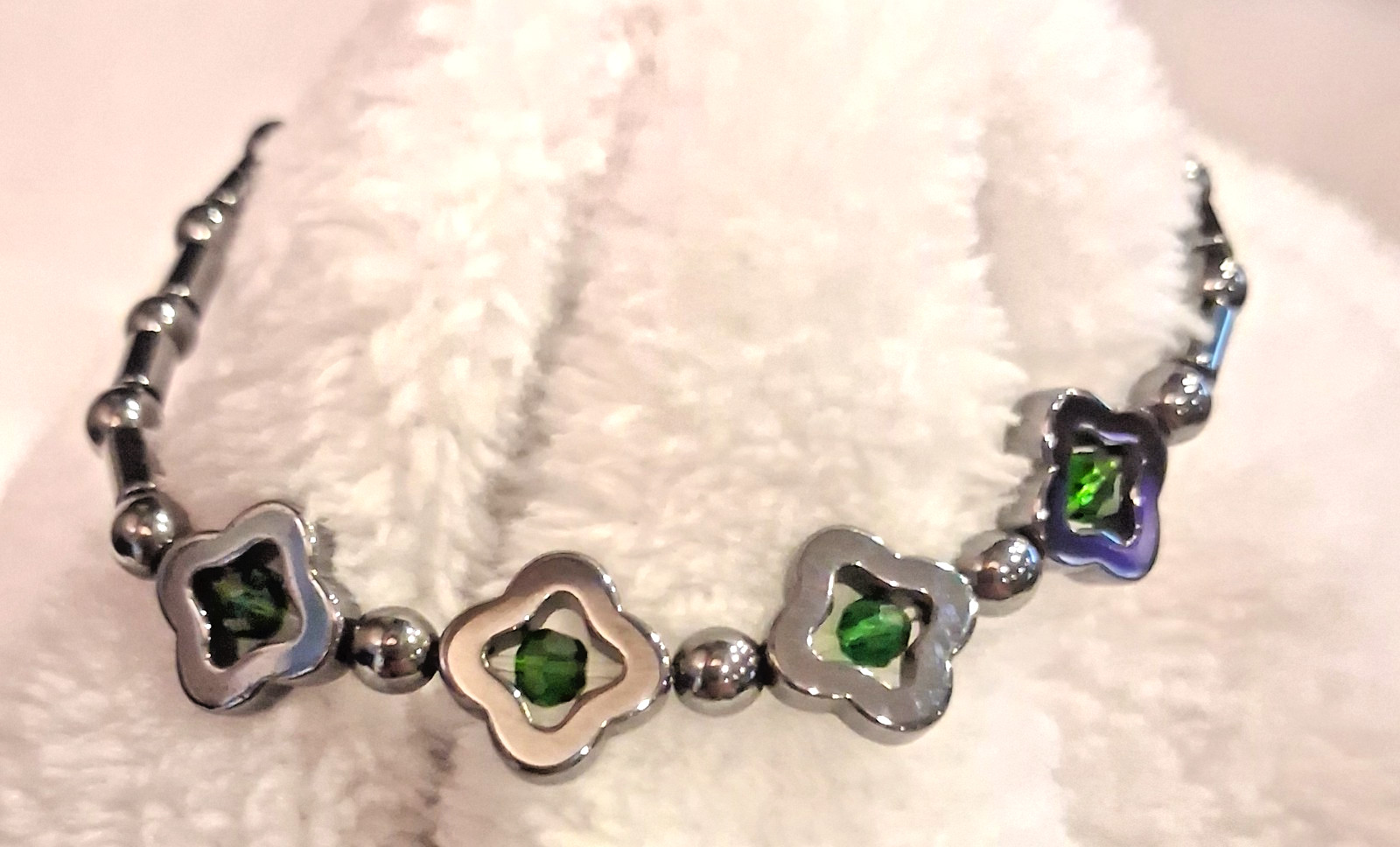Handmade Hematite Beaded Bracelet 6.5” – Green Glass Accents – Stretch Band