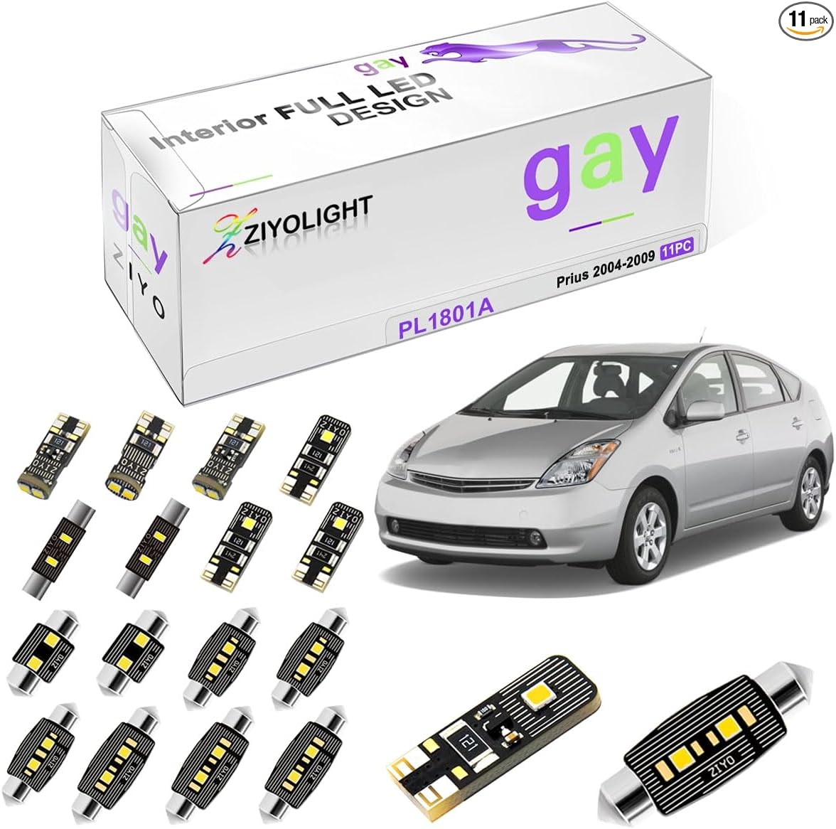 Replacement LED Interior Light kit, 6 Model: Toyota Prius 2004-2009 (11 Bulbs)