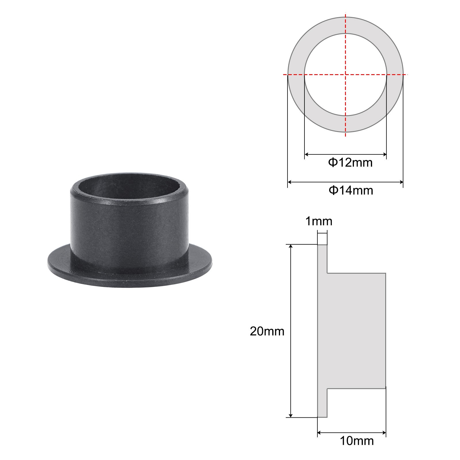 Flanged Sleeve Bearings 12mmx14mmx10mm POM Wrapped Oilless Bushings Black 2pcs
