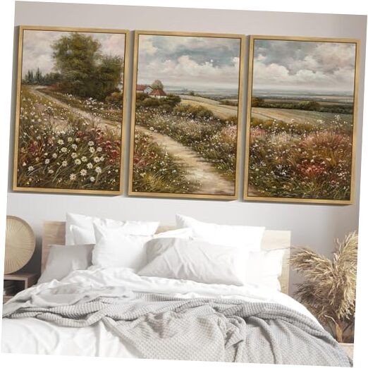 Vintage Landscape Framed Wall 36L" x 24W" x 3PCS Natural Country Flower Field