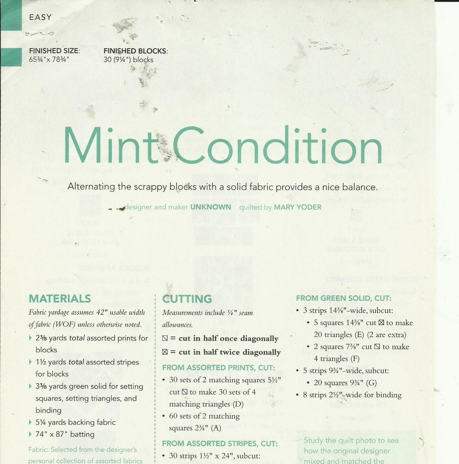 E0047 MINT CONDITION QUILT PATTERN/INSTRUCTIONS
