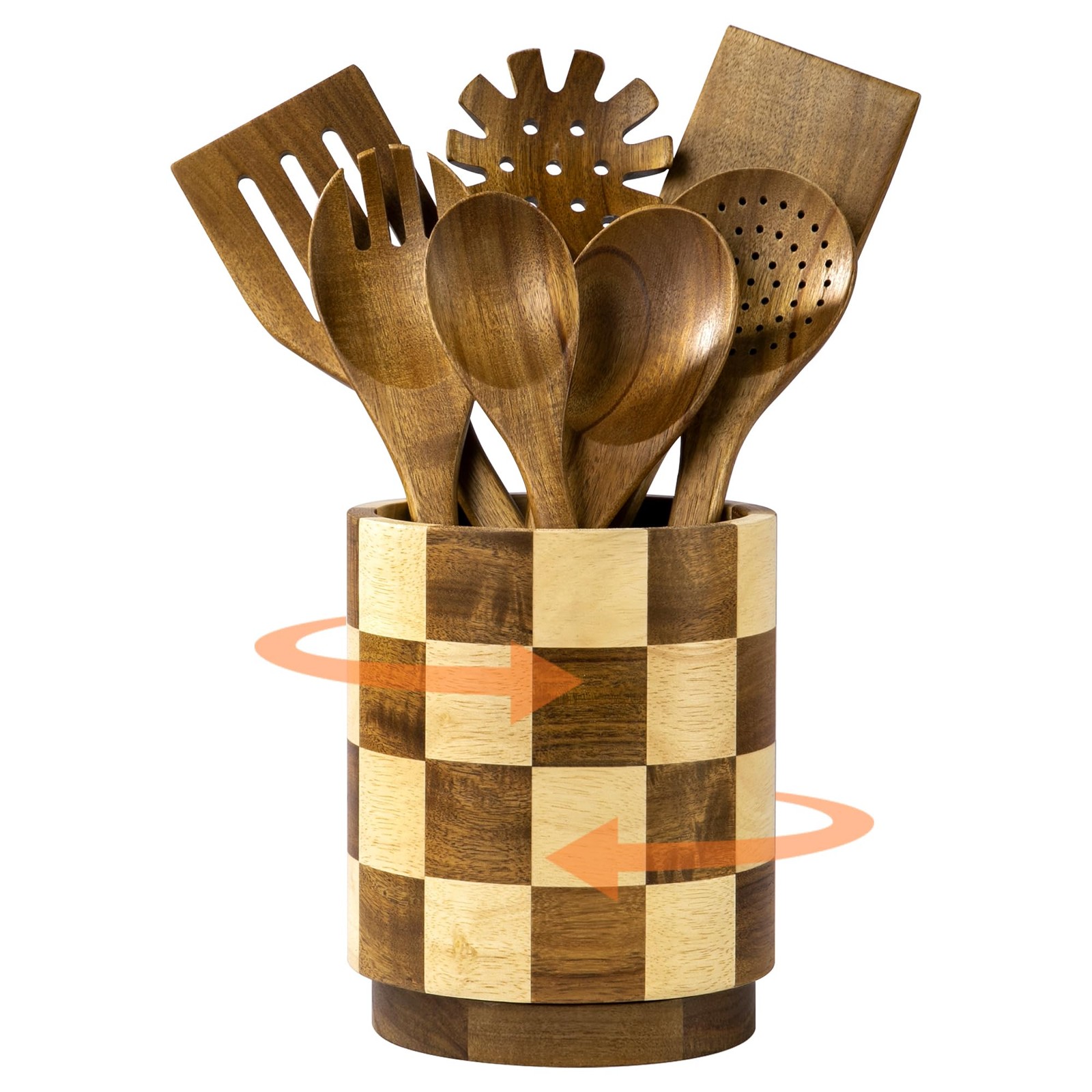 Fyctio Wooden Utensil Holder, 360° Rotating Acacia Wood Kitchen Utensil Holder f