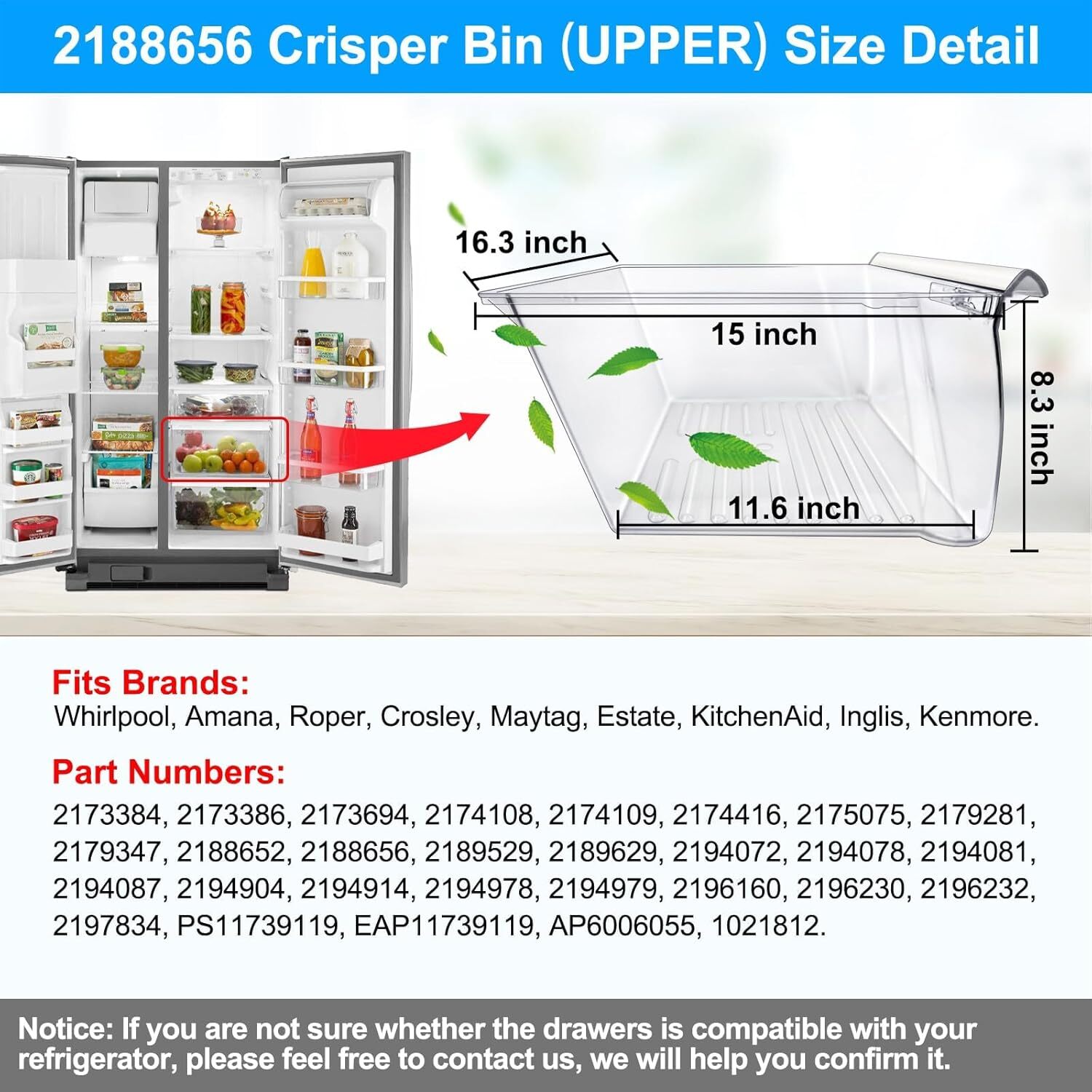 2 Pcs 2188656 Fridge Crisper Bin UPPER & 2188664 Crisper Bin LOWER for Whirlpool