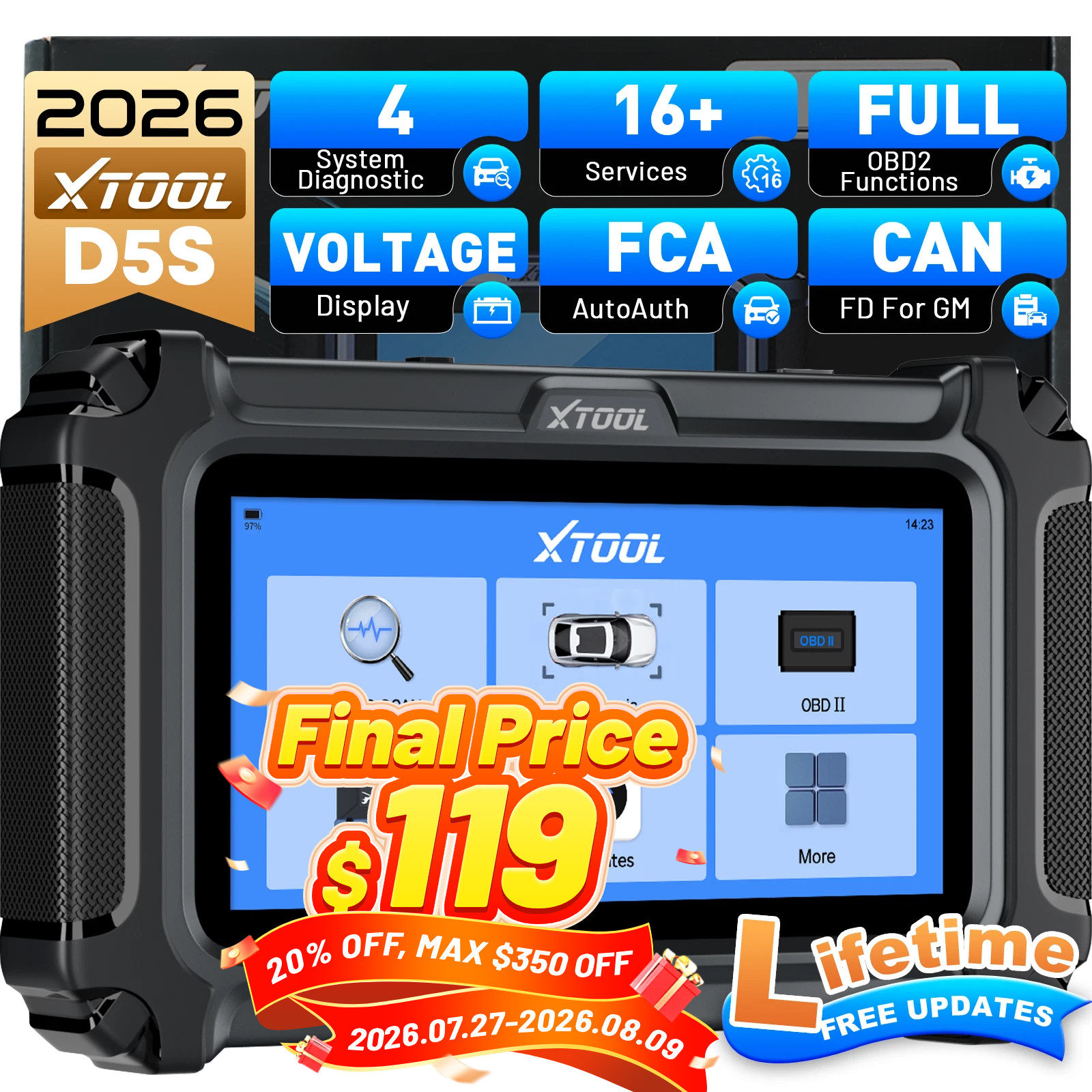 2026 XTOOL D5S OBD2 Scanner Engine ABS SRS Transmission Car Diagnostic Tool FCA