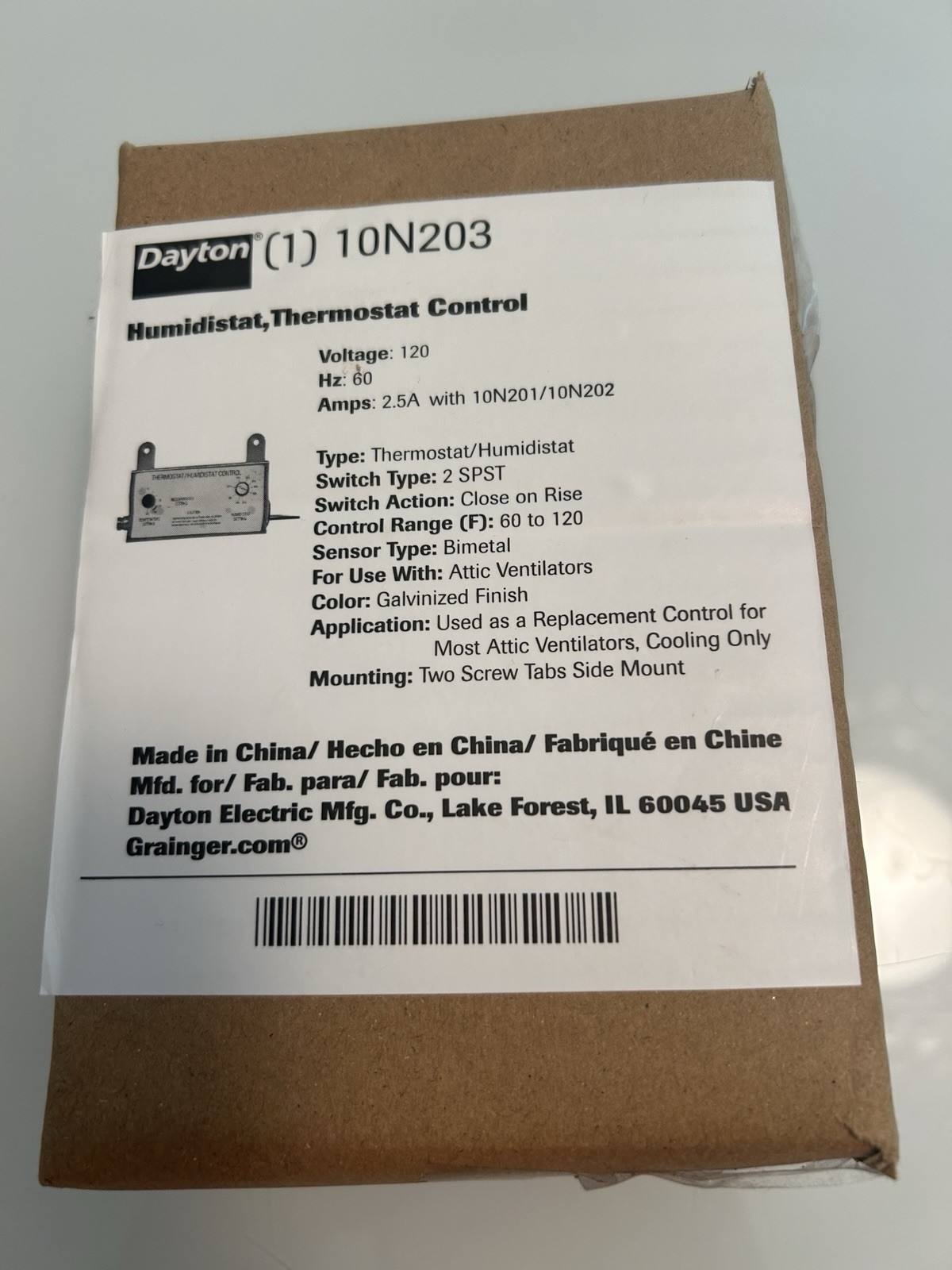 Dayton 10N203 Line Voltage Thermostat, Cool Only, 60 To 120F, Two Screw NEW