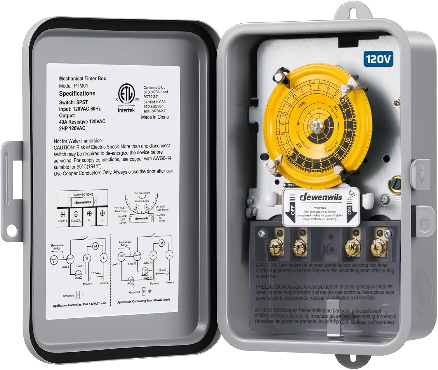 24-Hour Mechanical Timer Switch - 120VAC SPST, 2HP 40A, Metal Enclosure, Heavy D