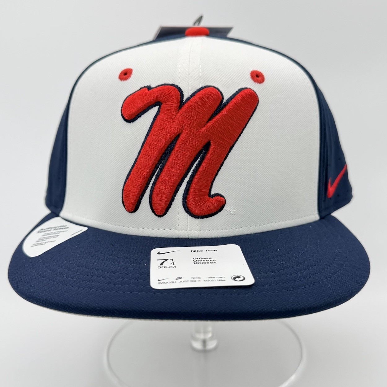 Nike True Ole Miss Rebels Fitted On Field Team Issue White/Blue Hat Cap 7 1/4"
