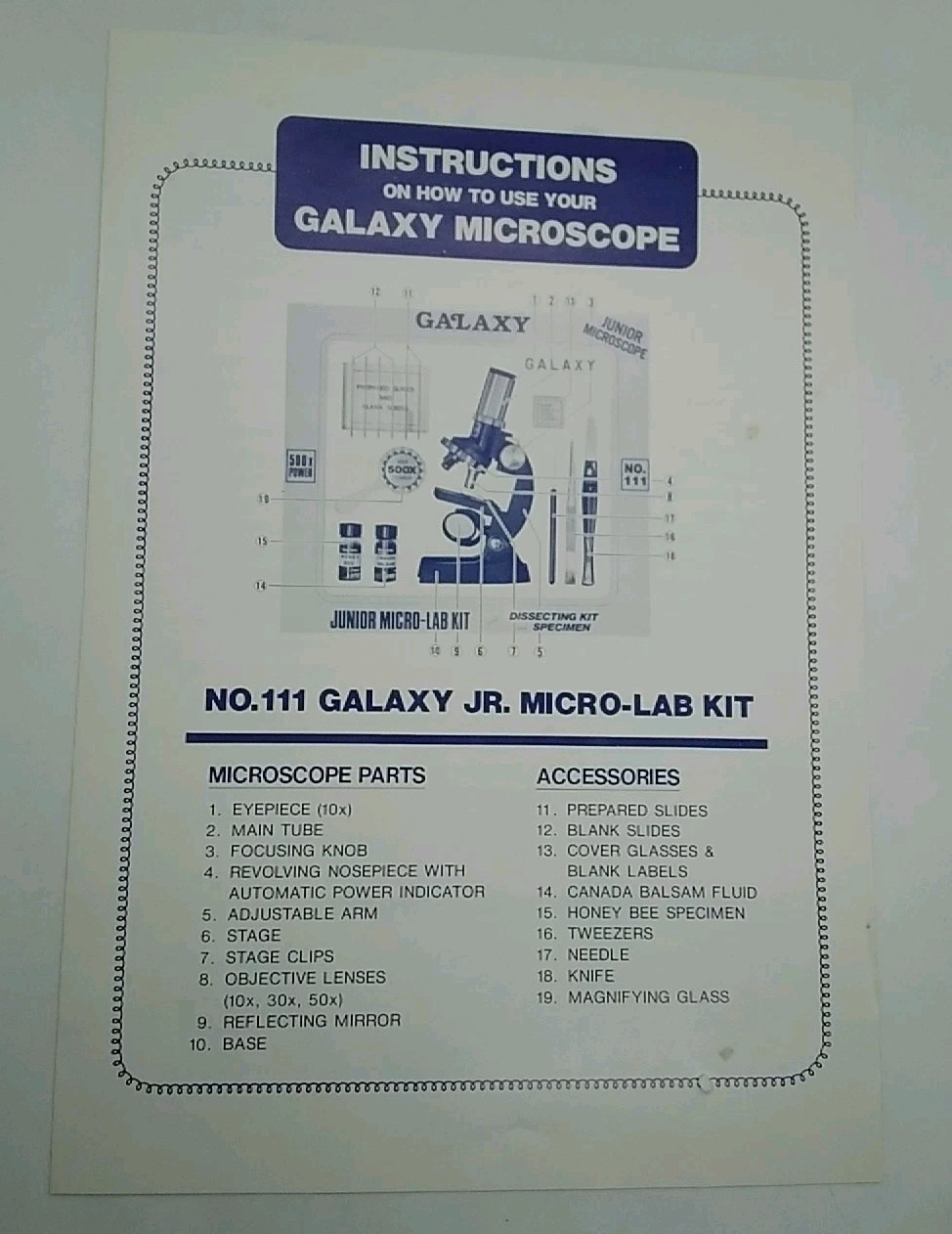 vtg Galaxy Microscope Junior Micro-Lab Dissecting Kit 100x-500x #111 w/Paper MIB