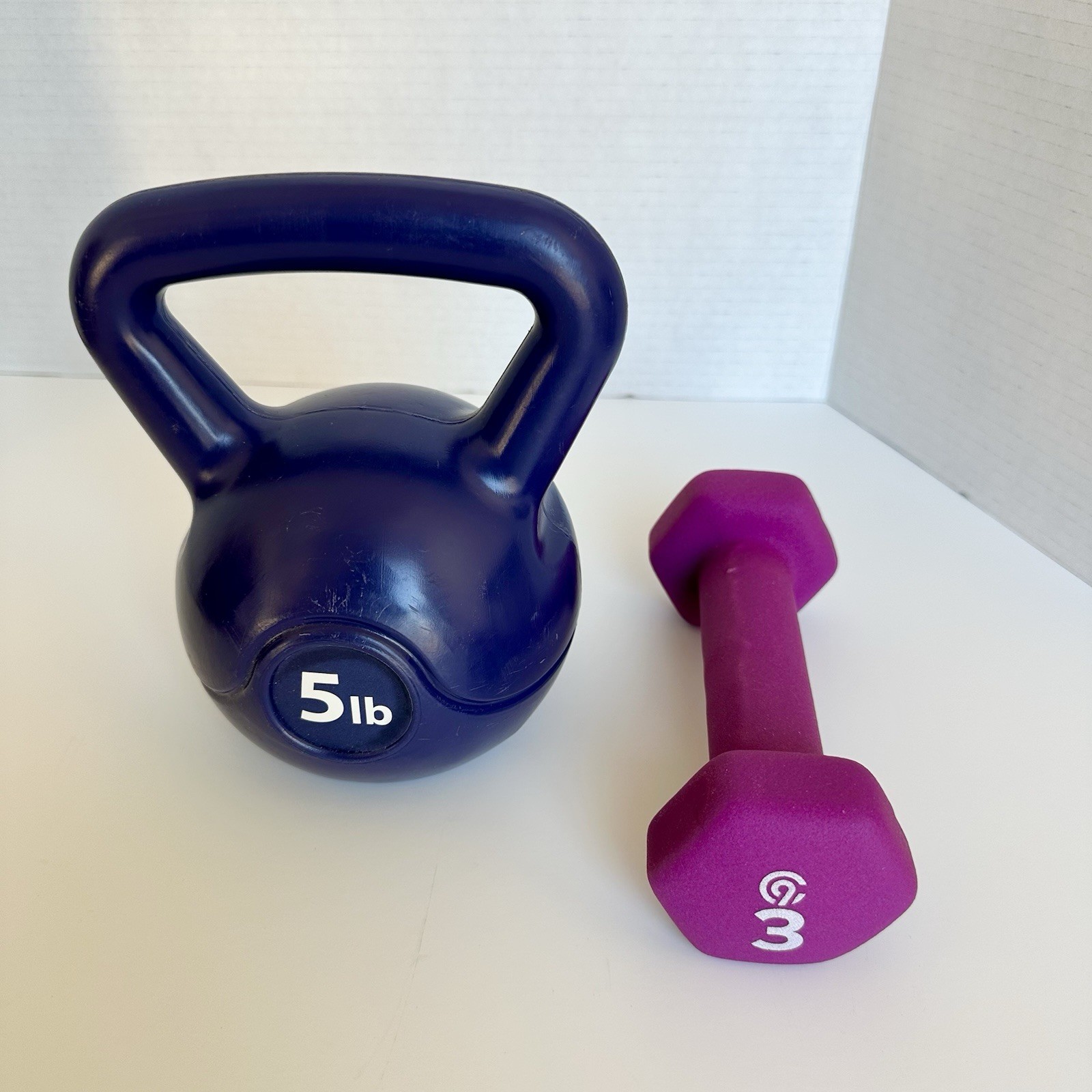Lot 2 Vinyl Kettlebell 5 LB & Neoprene Dumbbell 3 LB Fitness Workout Purple