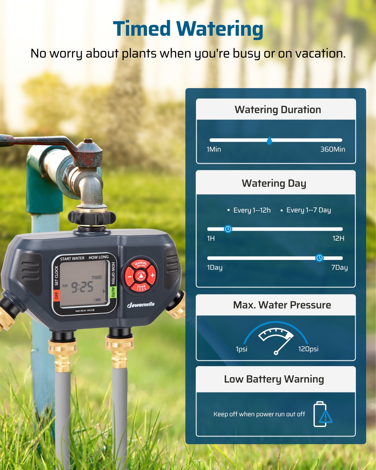 Sprinkler Timer 4 Zone Outdoor, Programmable Water Timer with Rain Delay Manual