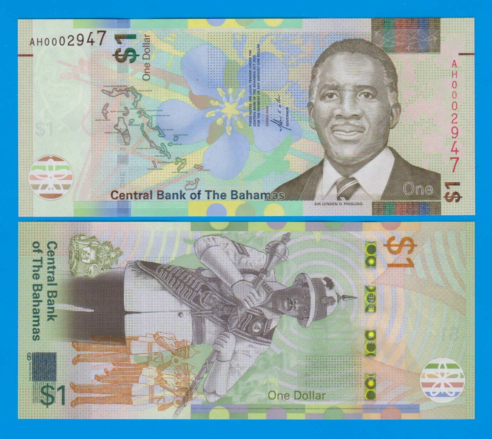 Bahamas 1 Dollar P 77b New 2024 (2025) UNC Darker Colors Larger Flower, P 77 b