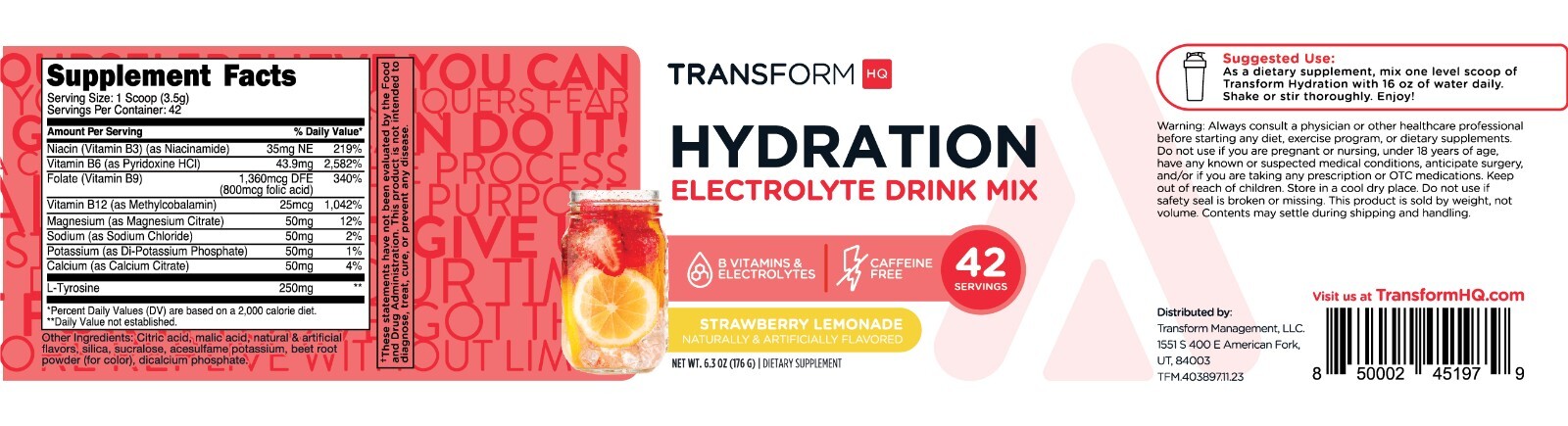 TransformHQ Hydration 42 Servings (Strawberry Lemonade) - Electrolytes