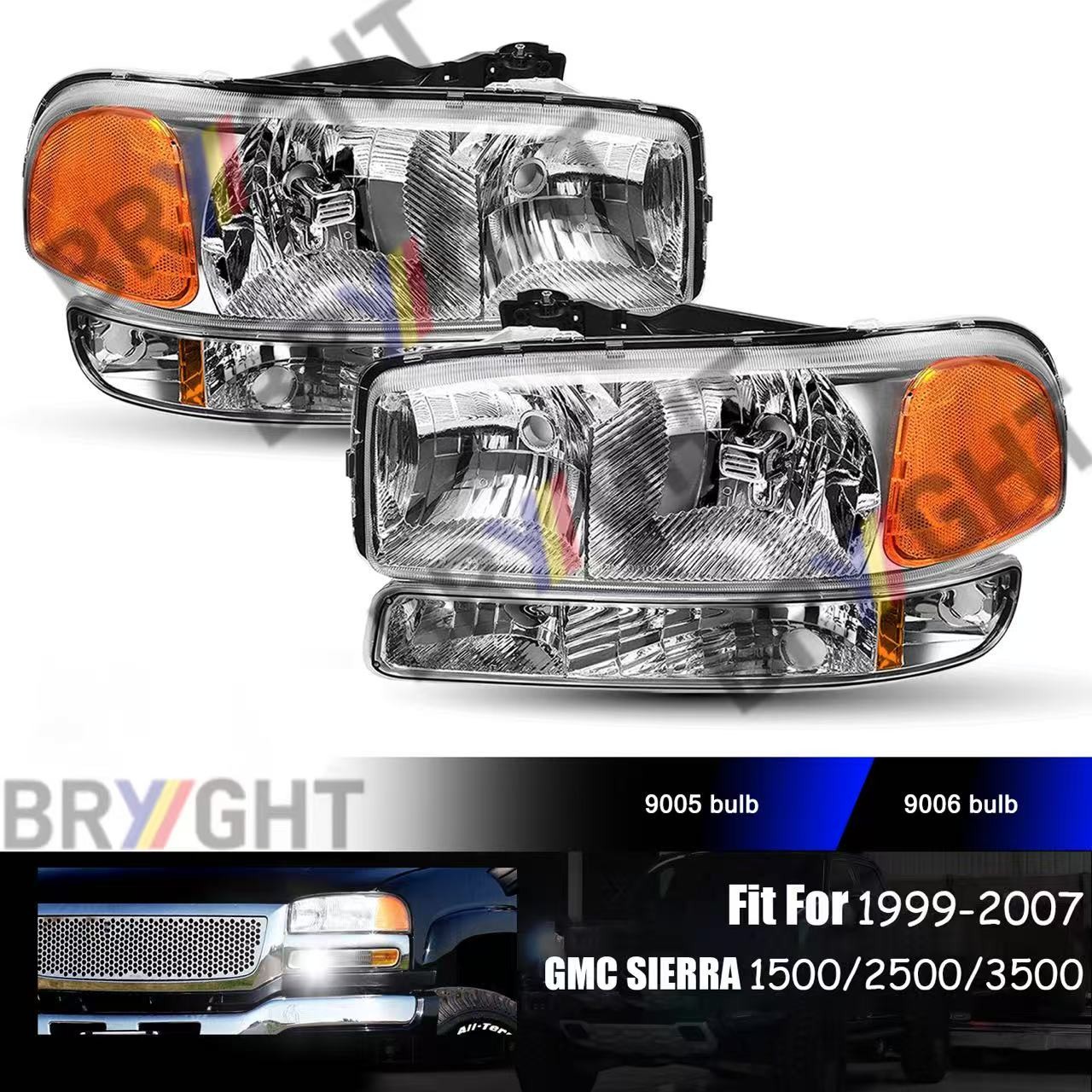 For 1999-2007 GMC Sierra 1500 2000-2006 Yukon Headlights Headlamps LH+RH Pair