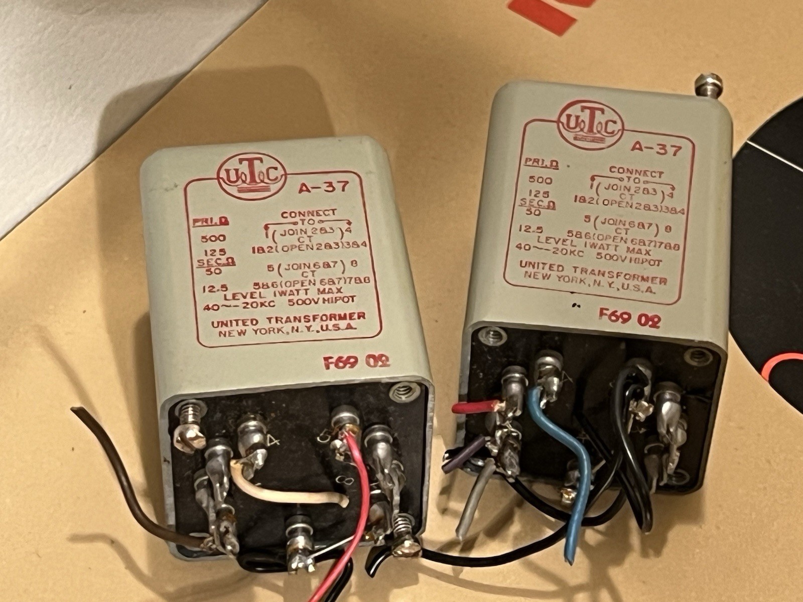 pair 1969 vintage A-37 UTC Transformers United 500-250-125::50/25/12.5 40-20kHz