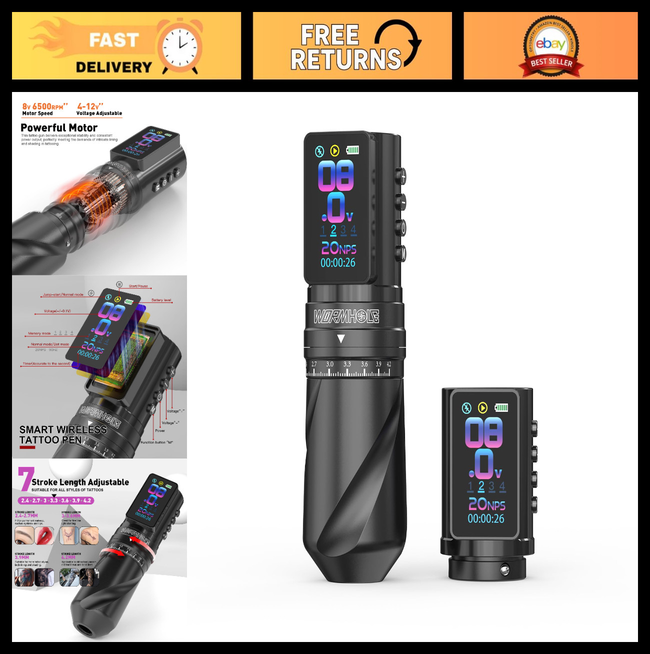 Wireless Tattoo Machine with 2 PCS 2300mAh Batteries, Smart Display, 3 Modes, 7