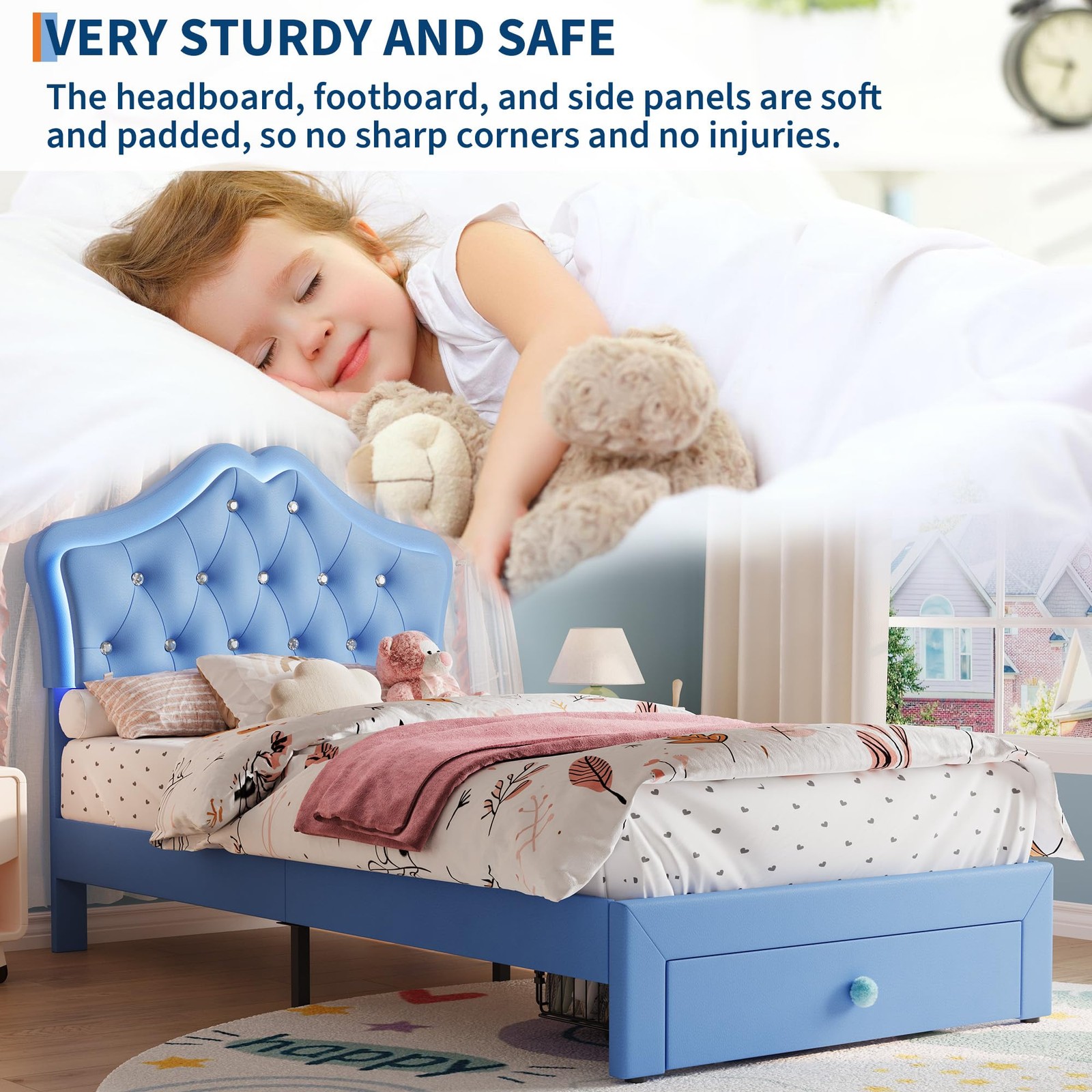 Twin Size Bed Frame w/Velvet Crystal Button Headboard & LED Light Platform ,Blue
