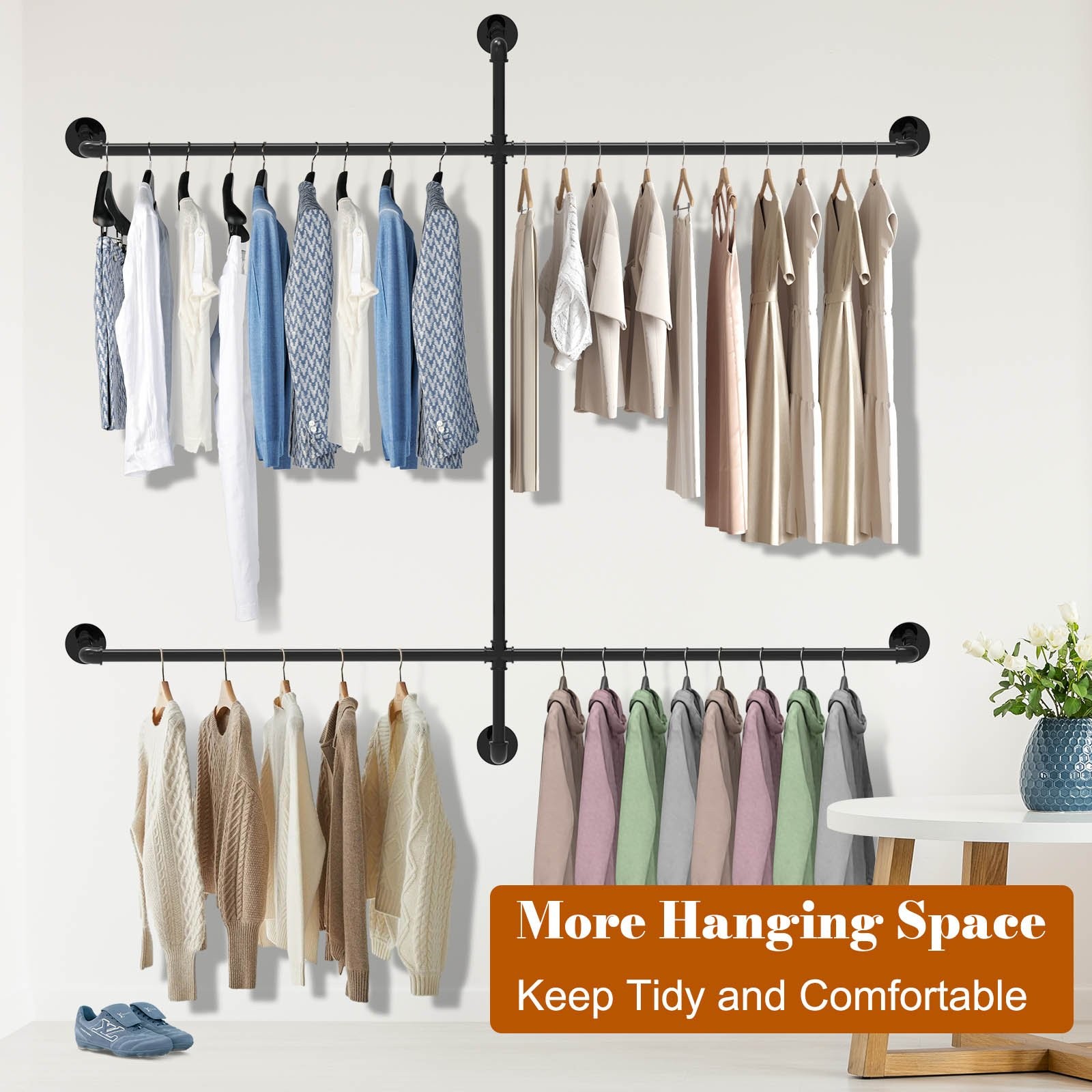 Pipe Clothing Racks Wall Mounted, Pipe Clothes Rack with 4 Hanging Rods