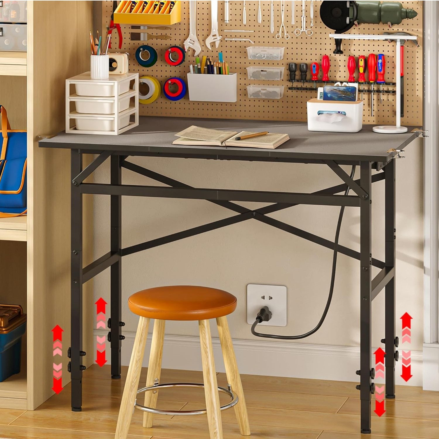 Sturdy 200 Lbs Capacity Small Workbench with Built-In Power Strip for Garage