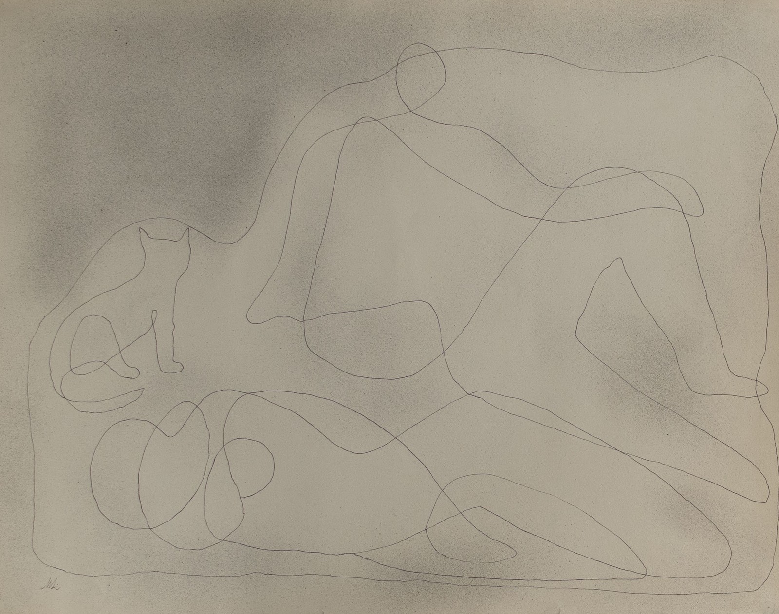 Hellmuth Mueller-Leutert Human Cat Large Format Sign Unique Drawing 1930s