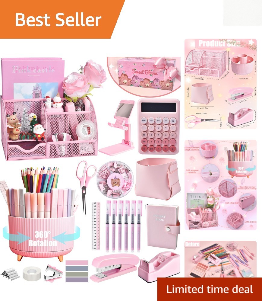 Complete 21-Piece Pink Desk Organizer with Mesh Holder & Stylish Gift Box