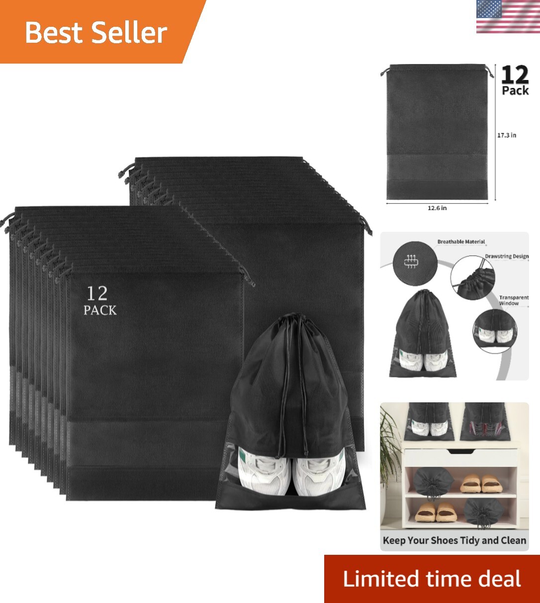 12 Pack Shoe Bags for Travel, Large Travel Shoe Bags for Packing with Clear Wind