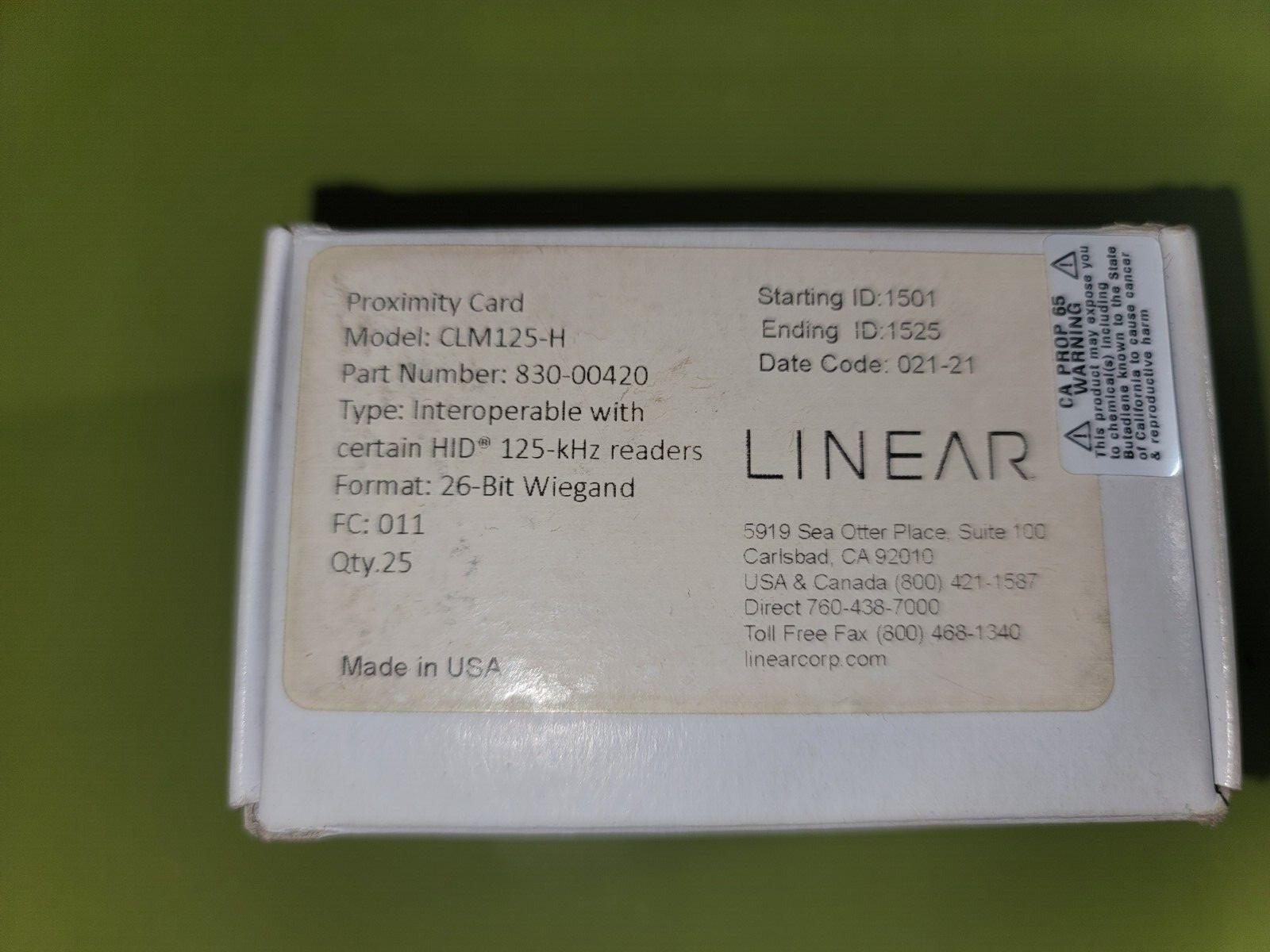 Linear IEI CLM125-H HID Compatible Clamshell PROX CARDS 26 Bit Box of 25 NEW