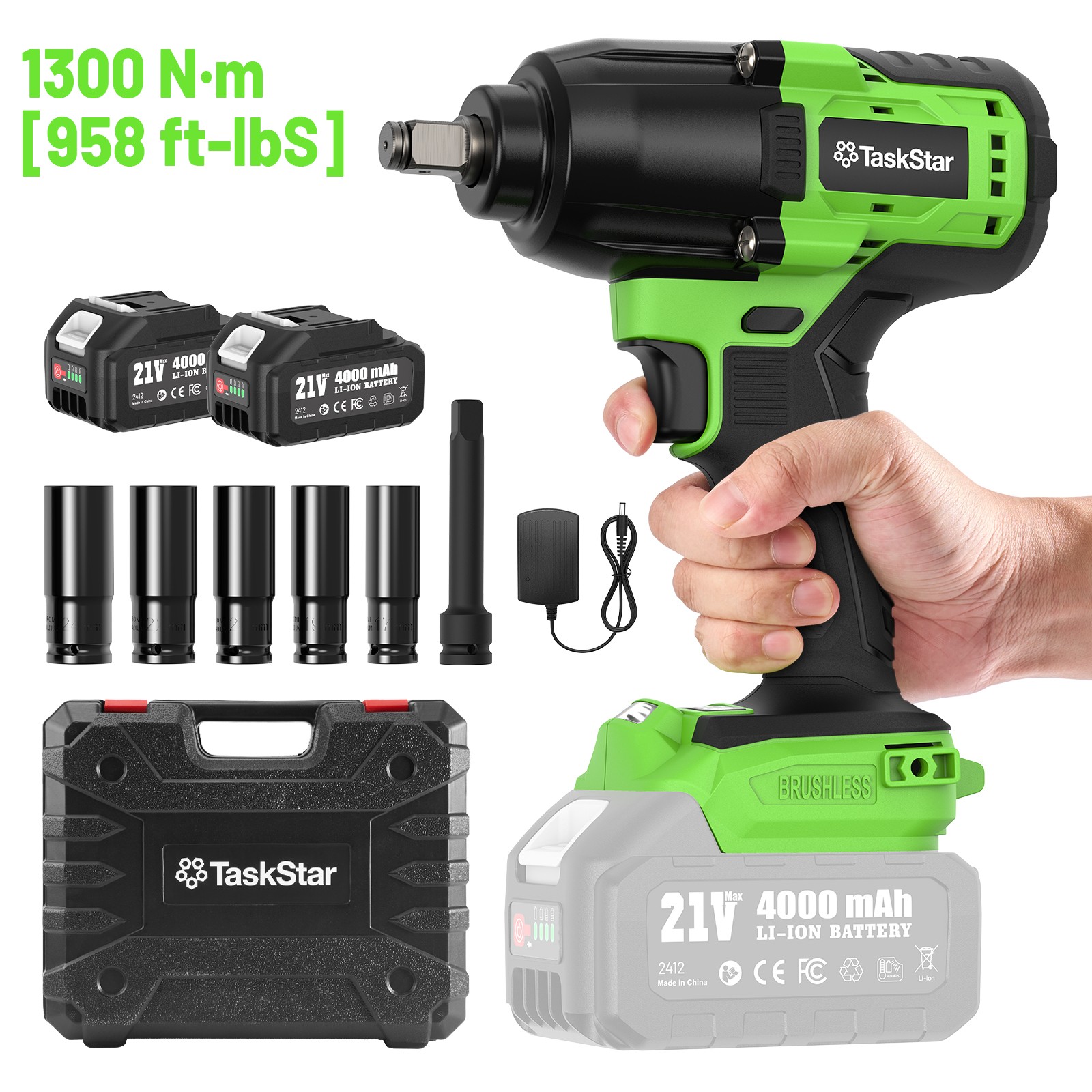 Cordless Impact Wrench 1/2" 1300Nm (758ft-lbs) 2X Battery Electric Wrench Gun