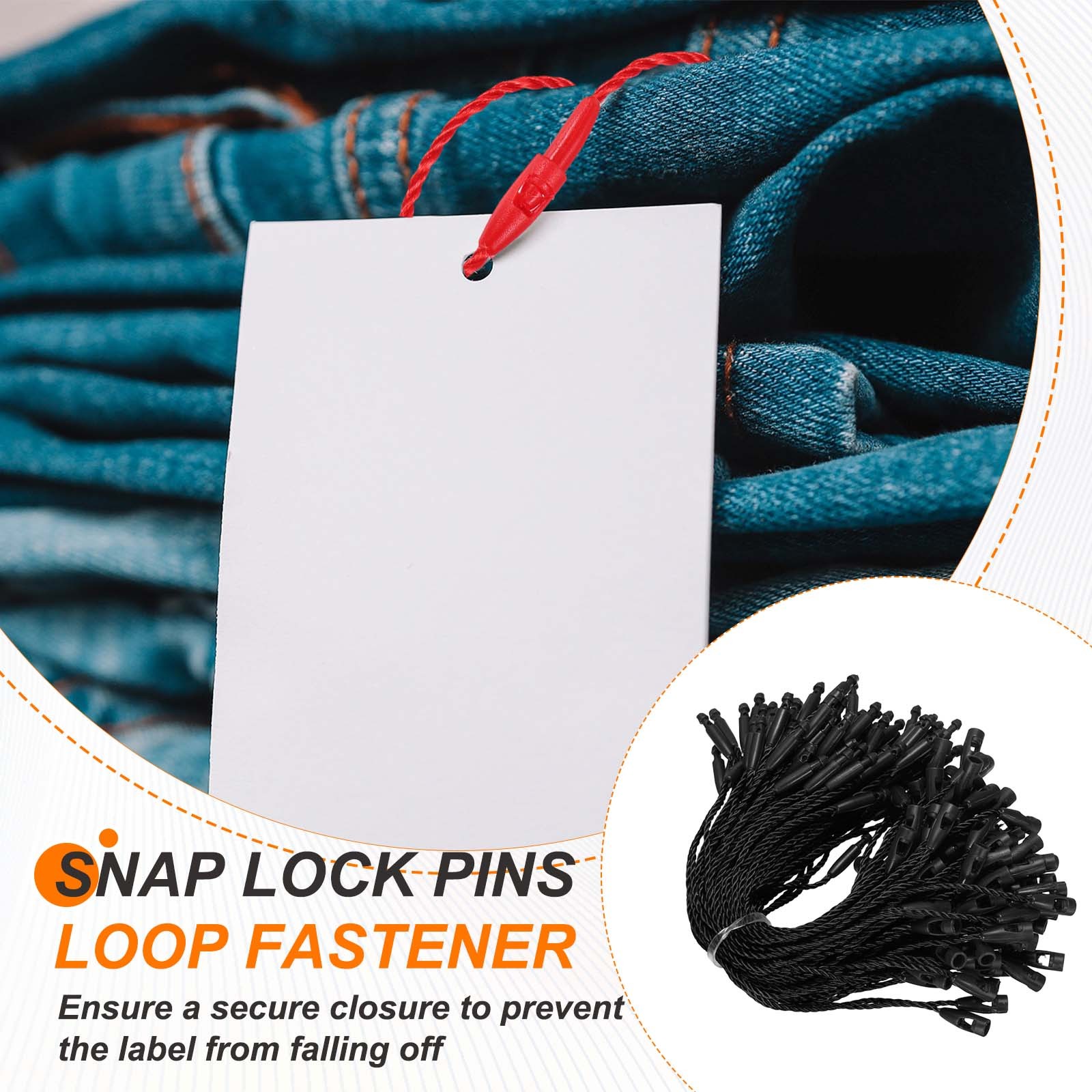 500 Pcs Polyester Hang Tag String 5" Snap Lock Pins Loop Fastener, Black