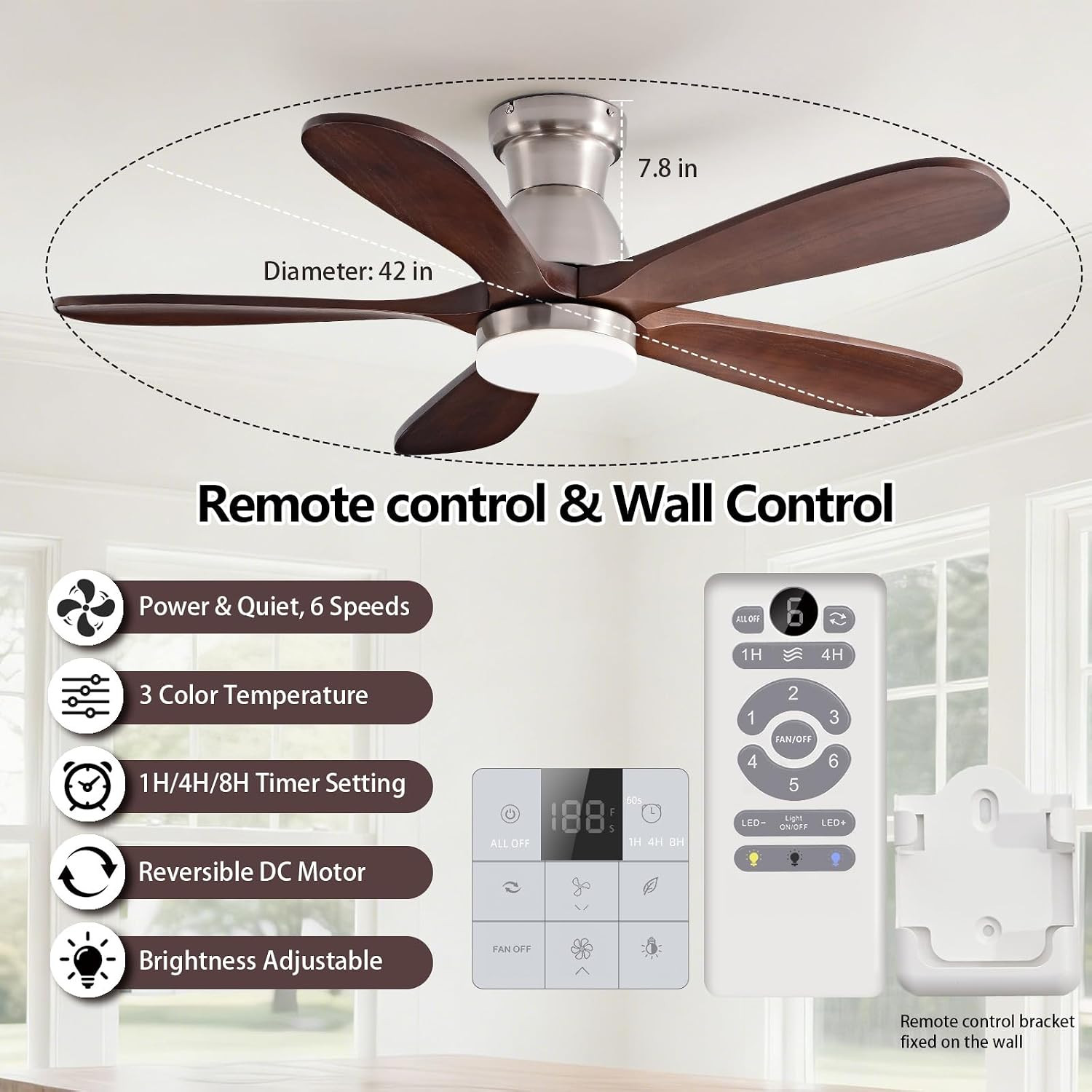42 Inch Solid Wood Ceiling Fans with Lights Flush Mount, Remote Control and Wall