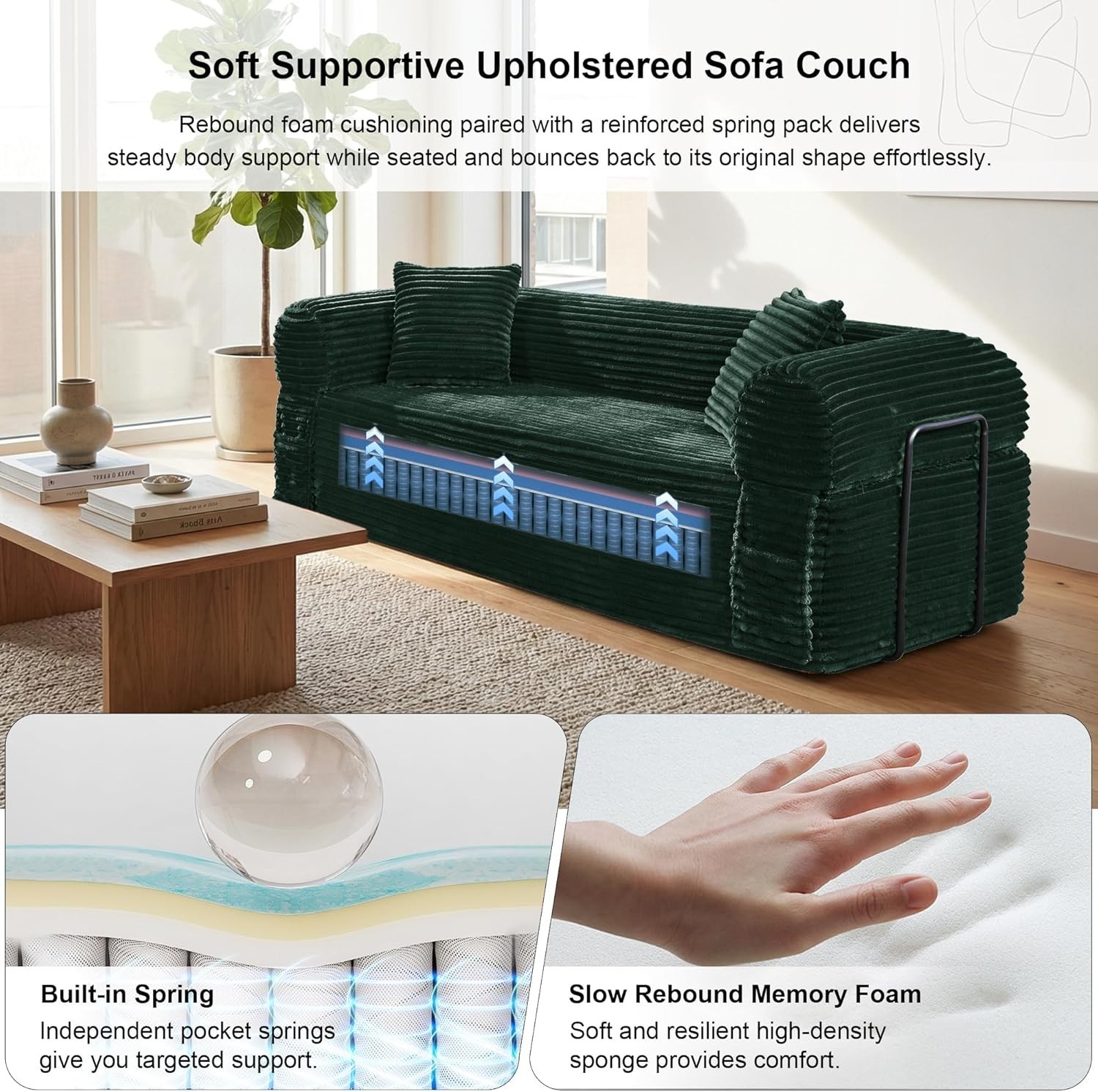 Boneless Convertible Couch Corduroy Sofa with 2 Pillows + Removable Backrest