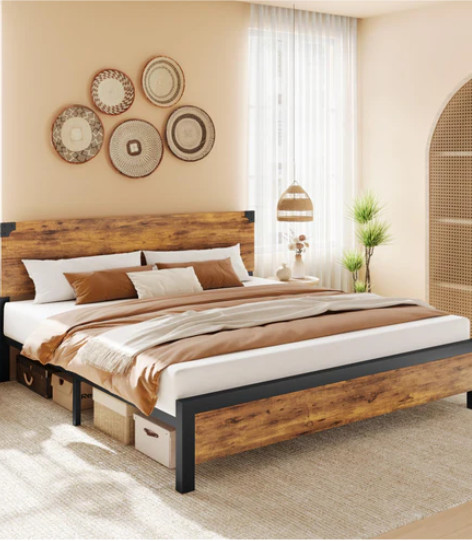 [HOT] Garvee King Bed Frame, Platform King Size Bed Frame with Wood Headboard