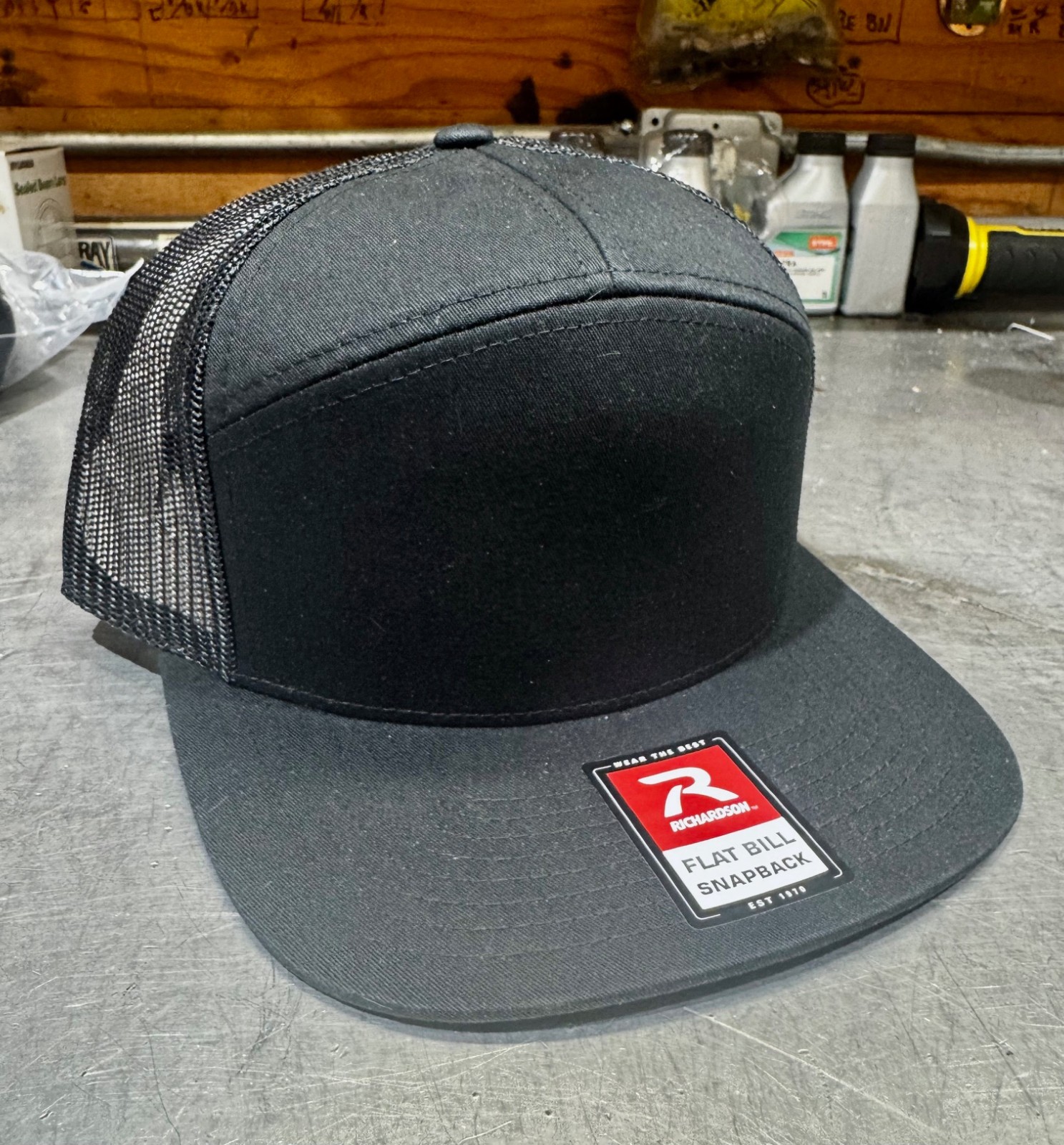 Richardson Solid Black 168 Hat Cap 7 Panel Trucker Hi-Pro Adjustable Snapback
