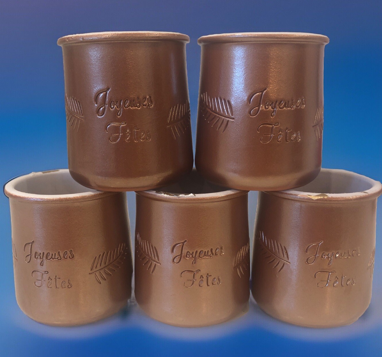 LA FRETES Glazed Yogurt Pot “Joyeuse Fetes” Metallic Copper (New Color) Lot of 5