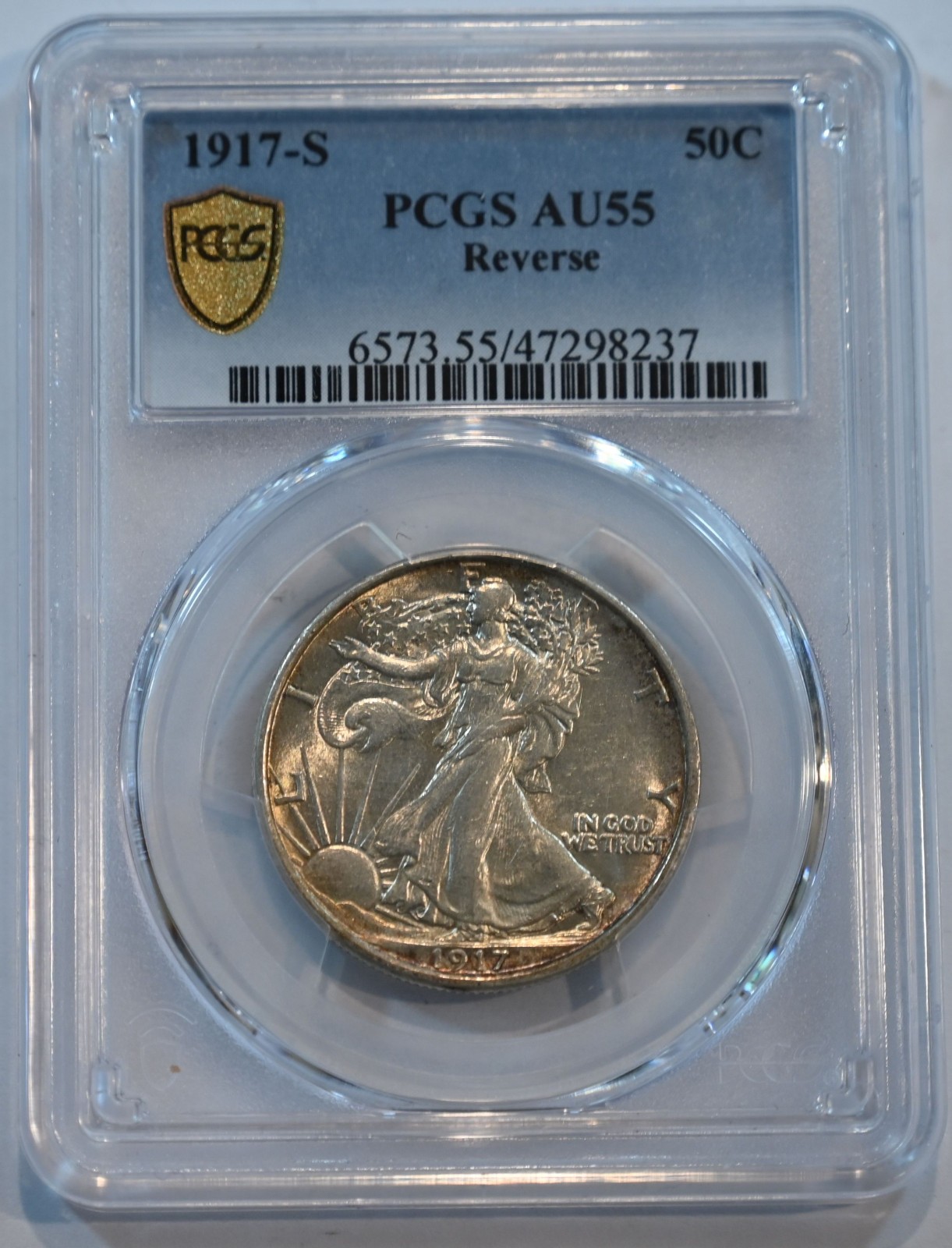 1917 S Walking Liberty Half Dollar PCGS graded AU-55  Reverse