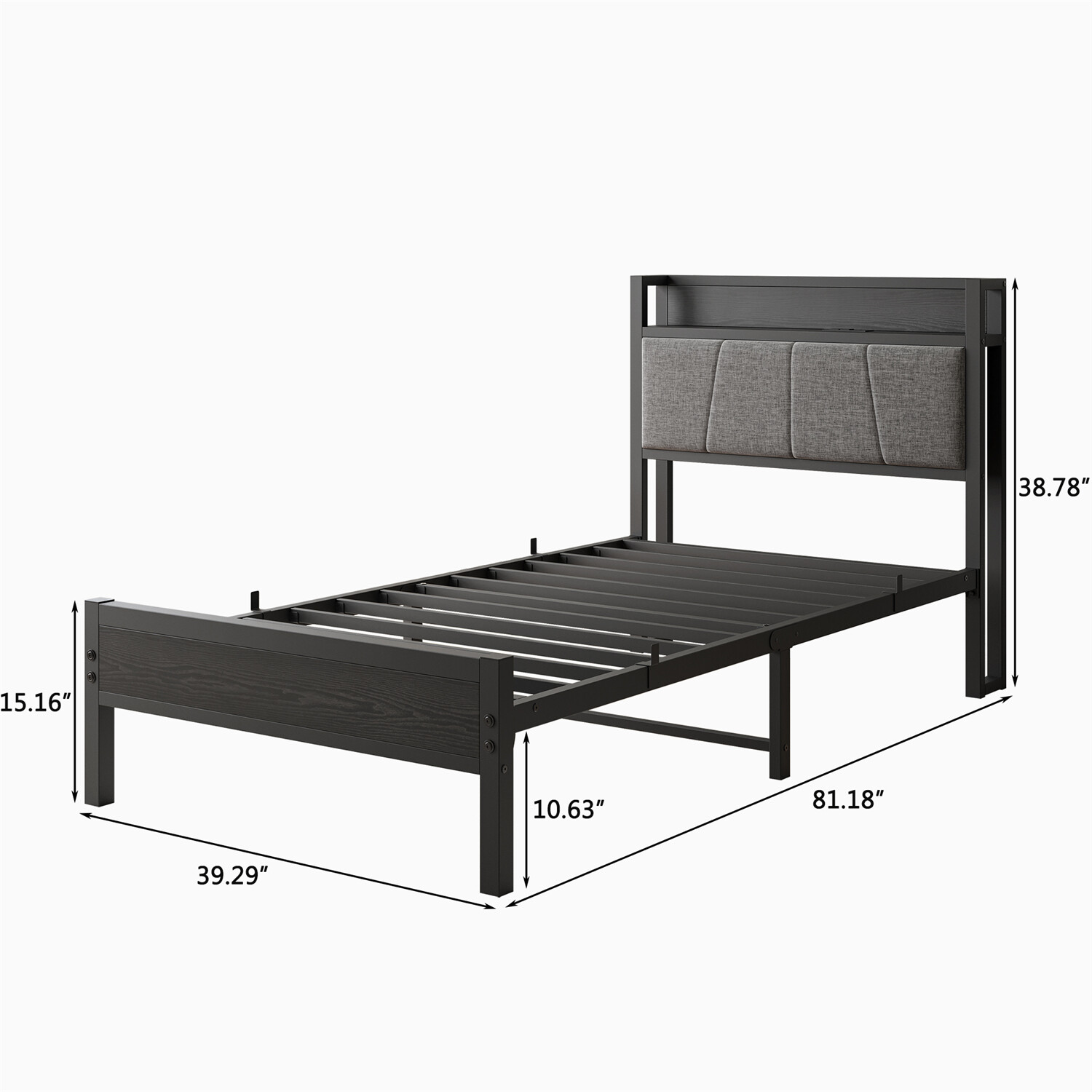 Twin/Full Size Bed Frame Metal Platform Bed Frame with Storage Headboard Black