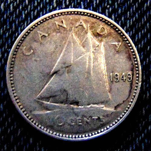 1949 ten cents CANADA Bluenose silver dime King George VI  in F