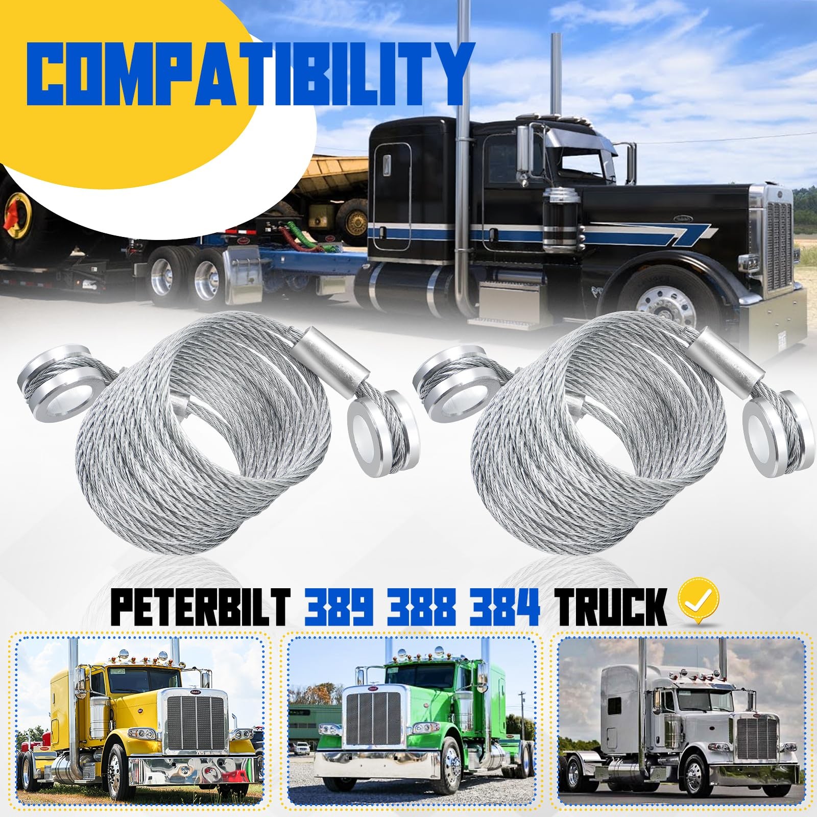 Hood Restraint Cable Kit 2Pack Compatible with Peterbilt 389 388 384 Models