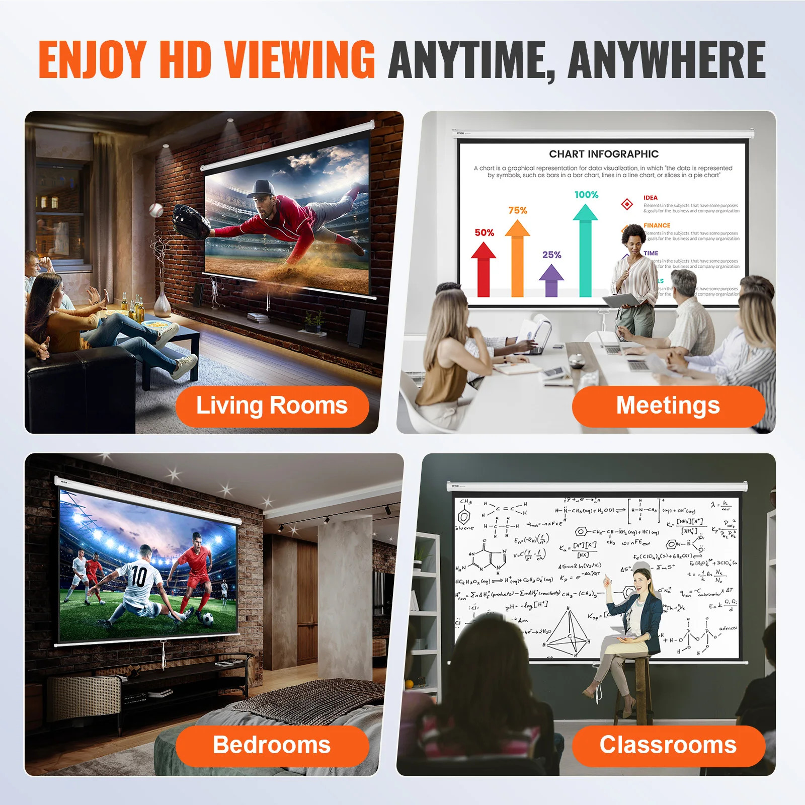 Manual Pull Down Projector Screen 100 inch 16:9 4K 1080 HD Retractable Projector