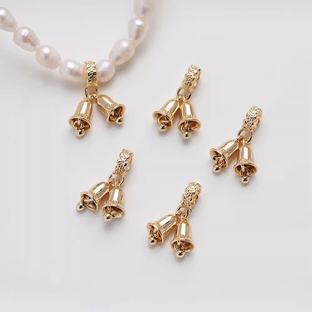 2pcs Bracelet Necklace Bell Pendants,14K Gold Plated Brass Bail Clasp