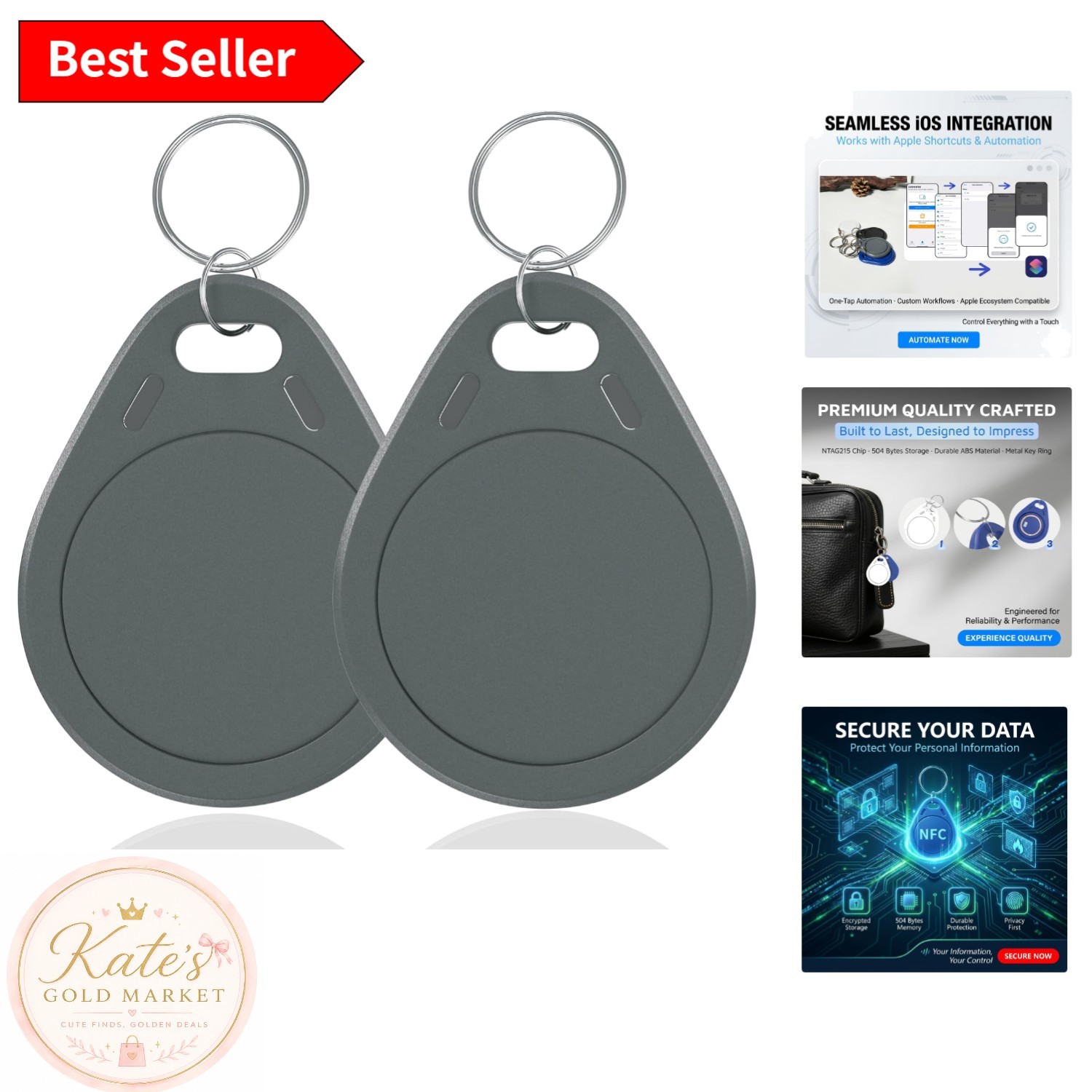 Dual NFC Tags - 504 Bytes Memory, Black Keychains Compatible with iOS/Android