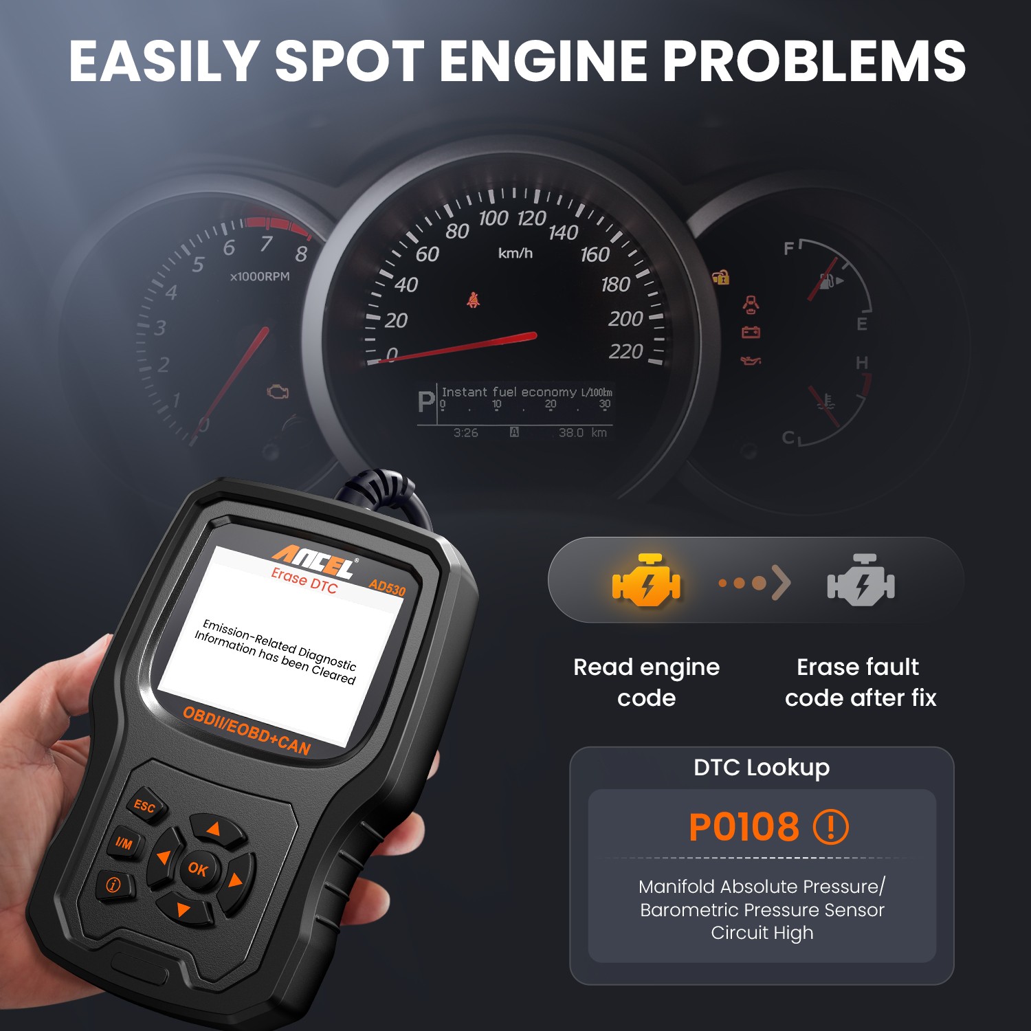 ANCEL AD530 OBD2 Scanner Diagnostic Tool Battery Test Engine Light Code Reader
