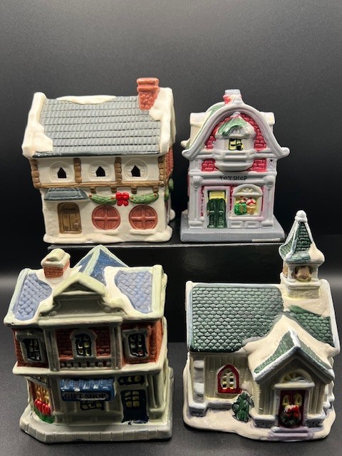 Ceramic scenery buildings Cottage, Church, Toy Shop, Gift Shop Winter Wonderland