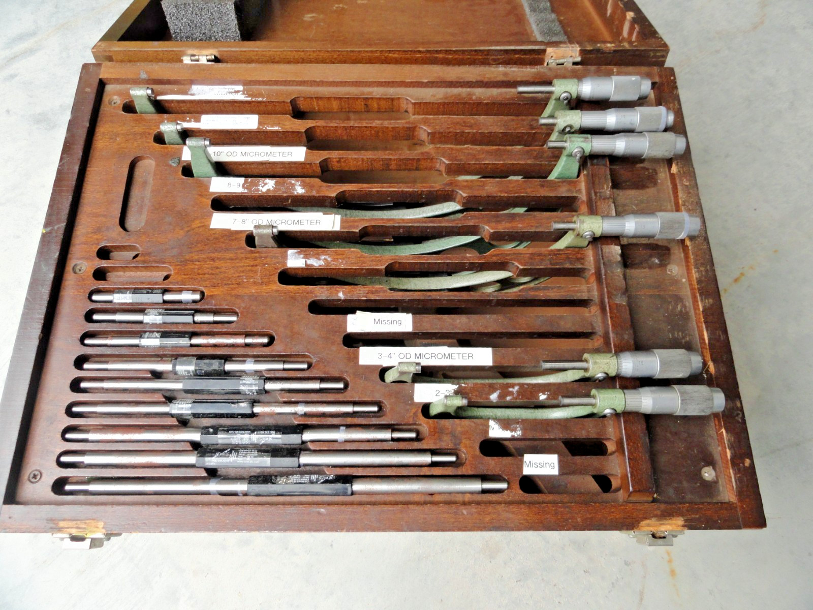 6 OUTSIDE MICROMETERS 11-12,10-11,9-10,7-8,3-4,2-3 WITH STANDARDS AND BOX